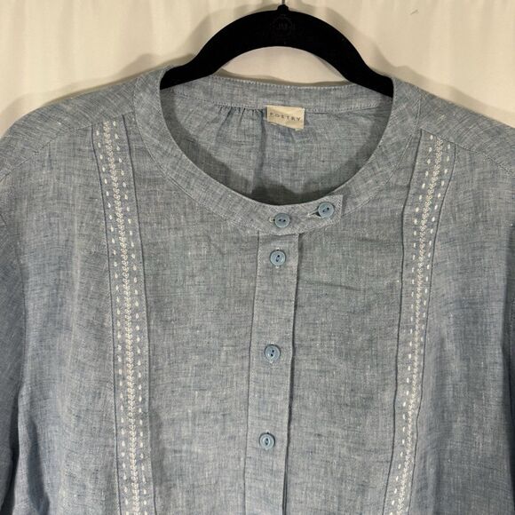 Potery 100% Linen Maxi Dress Womens 18 Blue Front Pockets Long Sleeve Round Neck - Picture 5 of 14